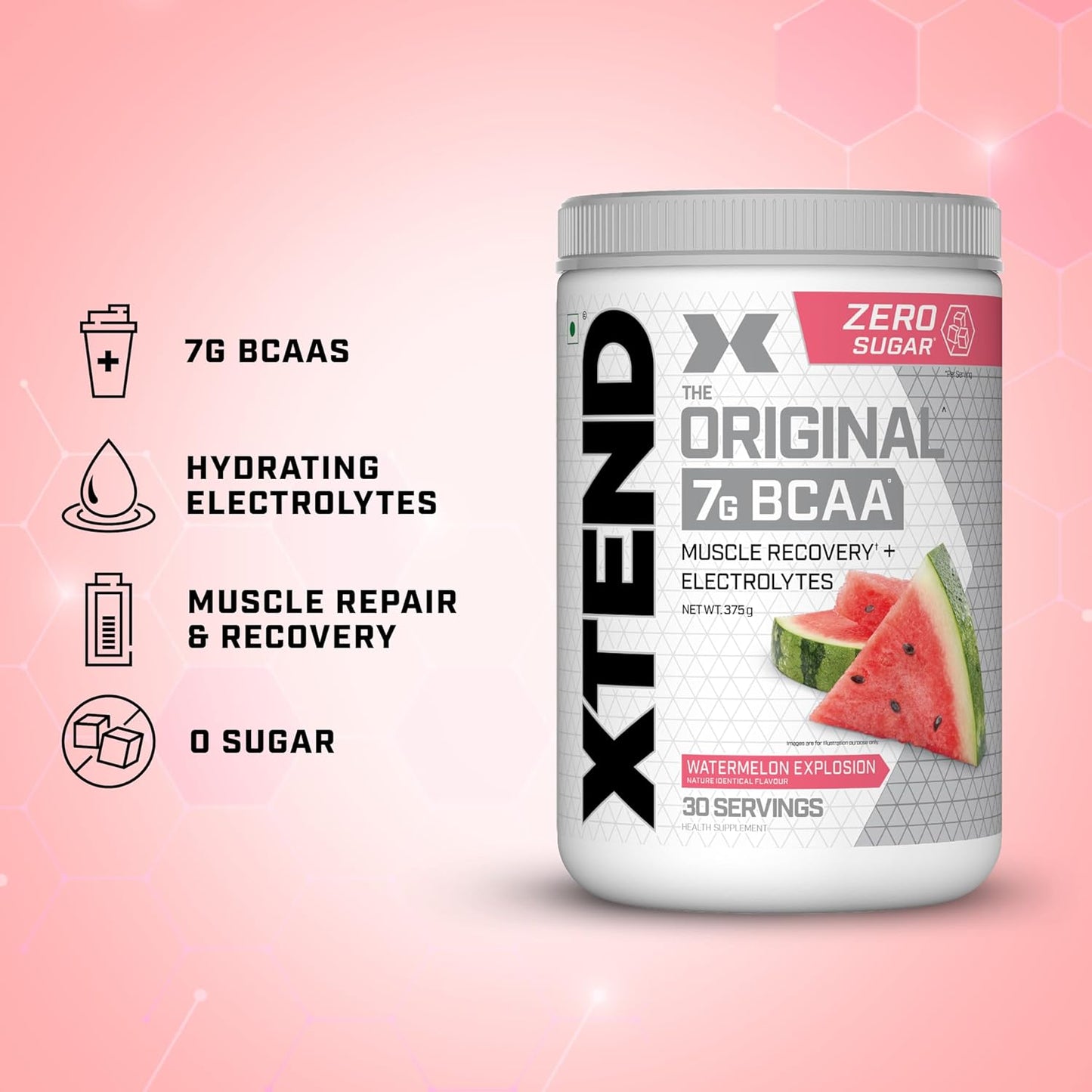 Xtend Original BCAA Powder Watermelon Explosion - Sugar Free Workout Muscle Recovery Drink with 7g BCAA | Amino Acid Supplement with L Glutamine & Electrolytes - 375 Gms | Product Expiry-30 Oct 2026