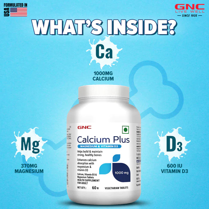 GNC Calcium Plus With Magnesium & Vitamin D3 | 180 Tablets | Strengthens Bones | Supports Strong Teeth | Promotes Healthy Muscle Contraction | Formulated in USA | 1000mg Per Serving | Product Expiry - Sep 2025