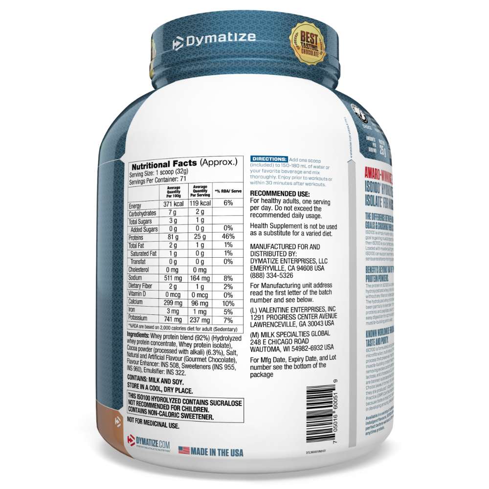 Dymatize Nutrition ISO100 Gourment Chocolate with Hydrolyzed 100% Whey Isolate Protein, Gluten Free, Fast Digestion, 5 lbs, 2.26 Kg | Product Expiry - 30/June/2025