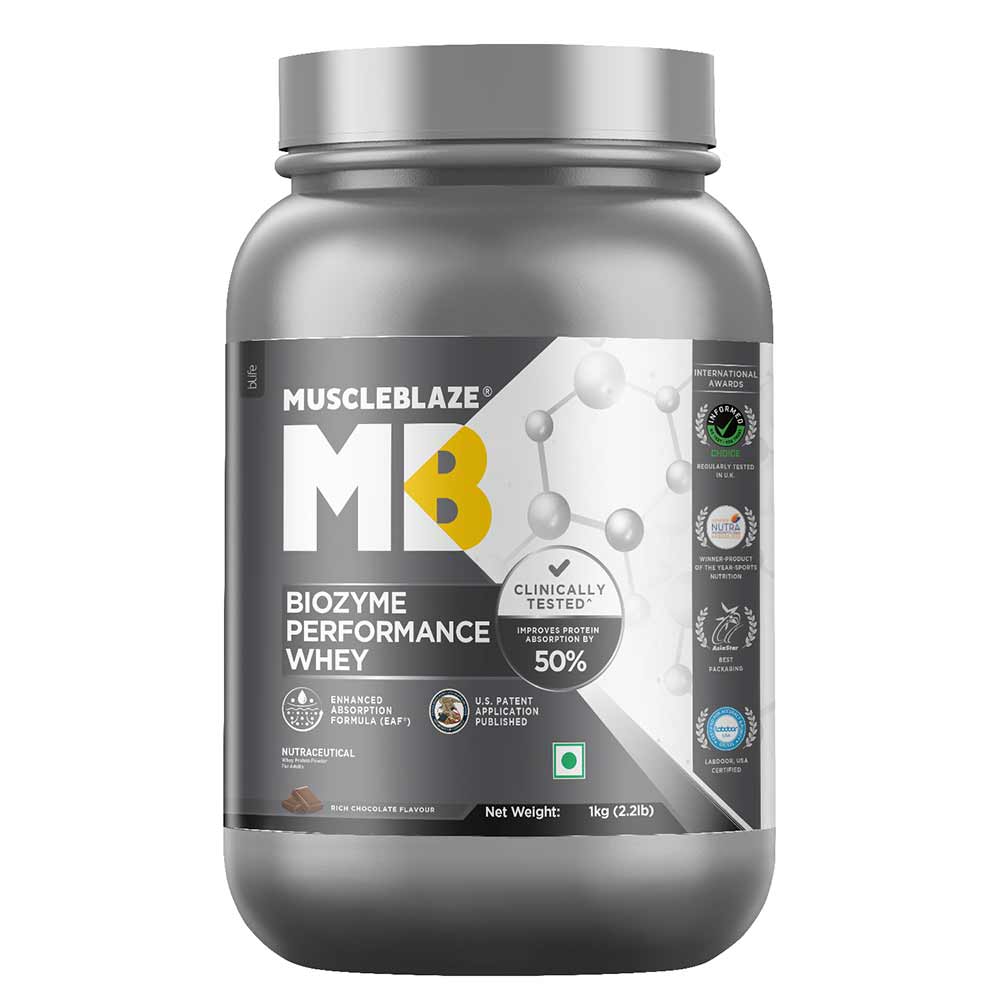 MuscleBlaze Biozyme Performance Whey, 1 kg (2.2 lb), Rich Chocolate| Free Delivery | Product Expiry - 27 Mar 2026