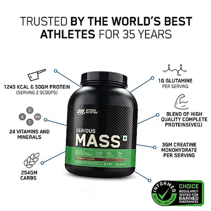 OPTIMUM NUTRITION SERIOUS MASS GAINER CHOCOLATE 3 KG (6.6 LBS) | Product Expiry - Jan 2027