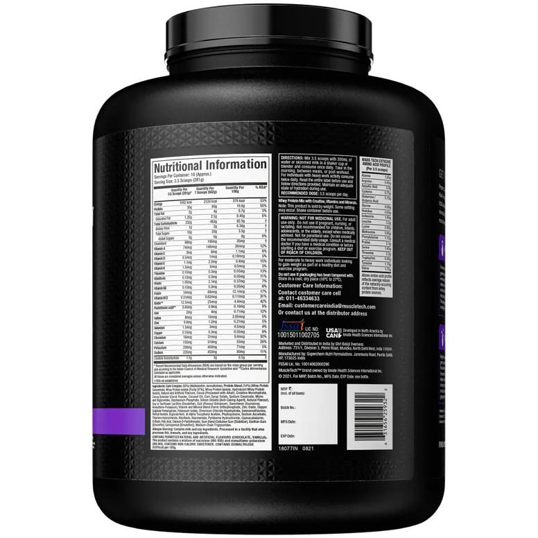 MuscleTech Veg Mass Gainer-Triple Chocolate Browmnie 3Kg - MassTech Extreme 2000 High Protein Food For Weight Gainer (30g Protein, 1062 Kcal,1.5g Creatine & Added Vitamin,Minerals) | Product Expiry - Dec/2026