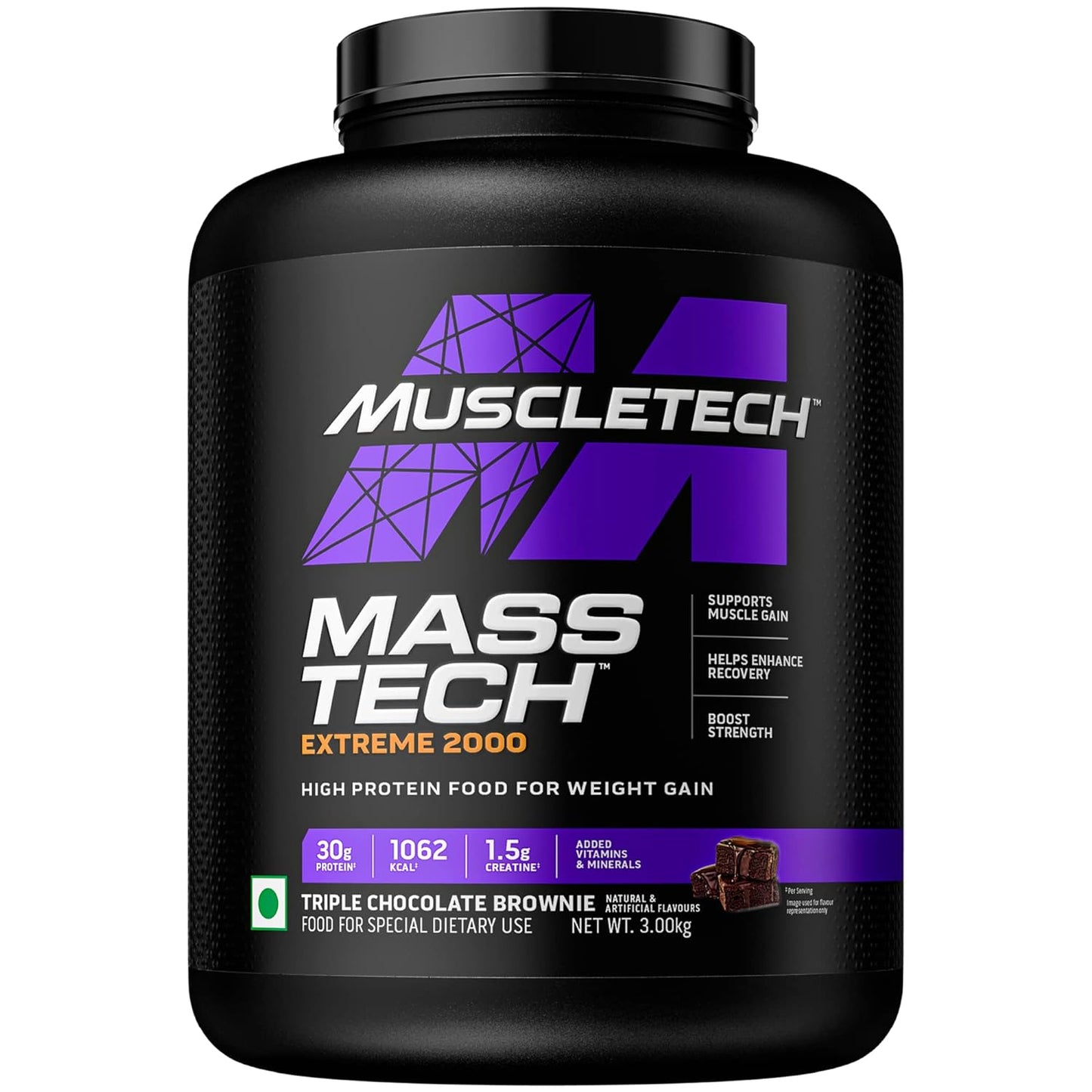 MuscleTech Veg Mass Gainer-Triple Chocolate Browmnie 3Kg - MassTech Extreme 2000 High Protein Food For Weight Gainer (30g Protein, 1062 Kcal,1.5g Creatine & Added Vitamin,Minerals) | Product Expiry - Dec/2026