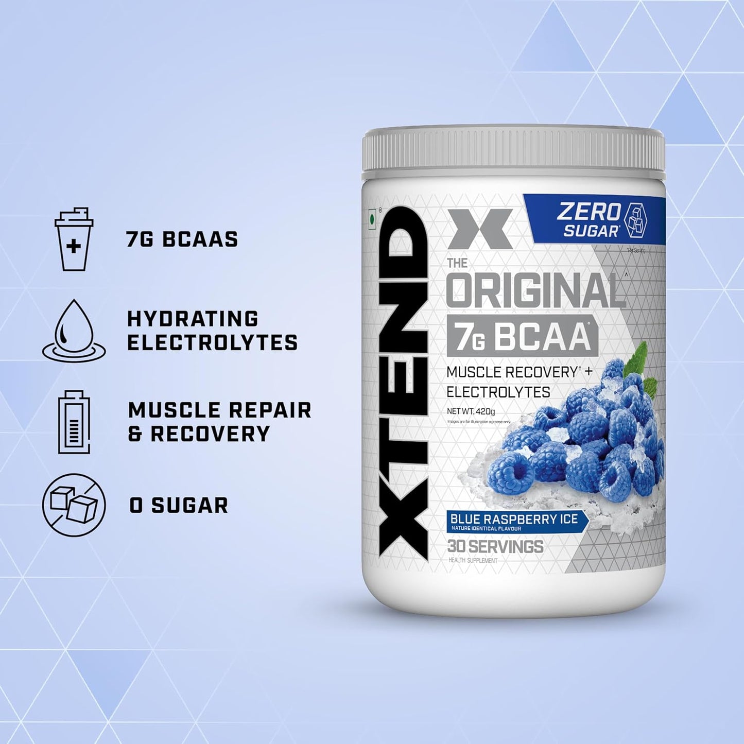 Xtend Original BCAA Powder Blue Raspberry Ice  - Sugar Free Workout Muscle Recovery Drink with 7g BCAA | Amino Acid Supplement with L Glutamine & Electrolytes - 420 Gms | Product Expiry-30 April 2026