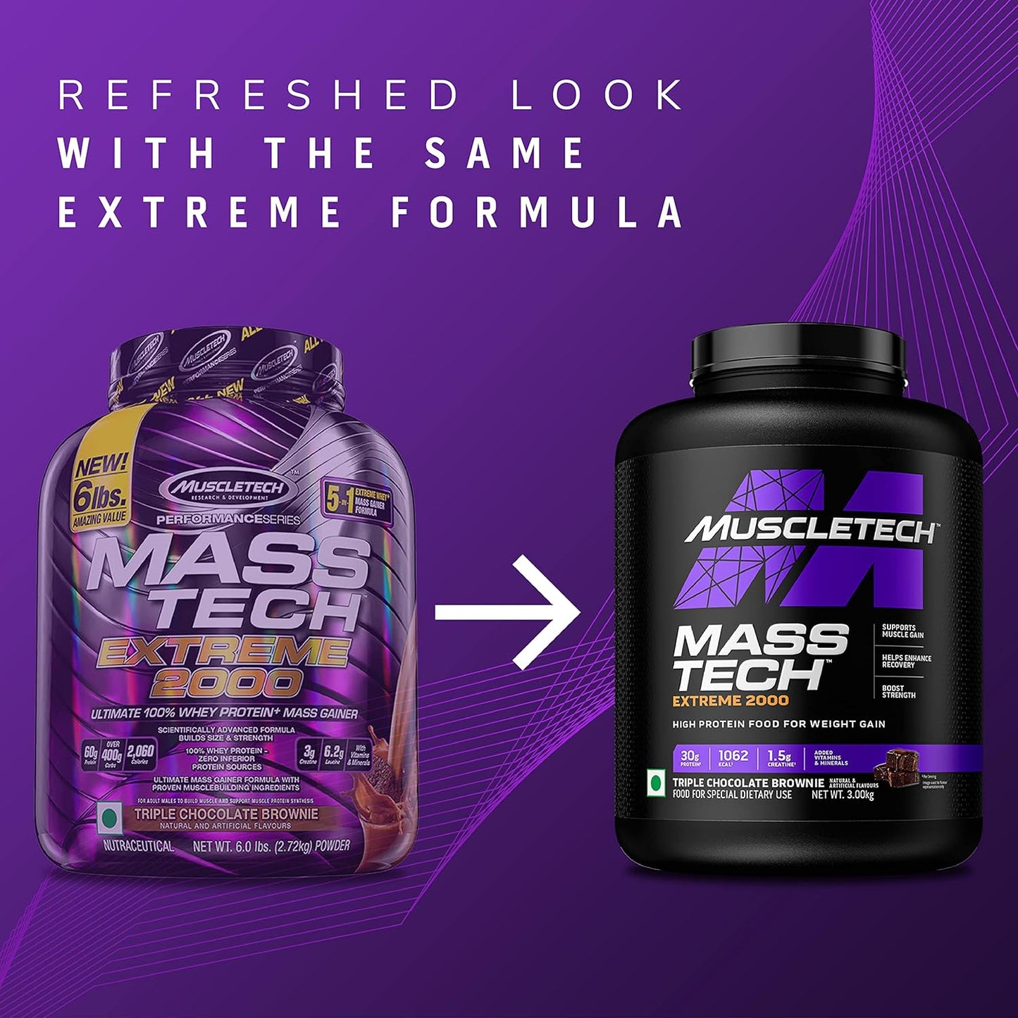 MuscleTech Veg Mass Gainer-Triple Chocolate Browmnie 3Kg - MassTech Extreme 2000 High Protein Food For Weight Gainer (30g Protein, 1062 Kcal,1.5g Creatine & Added Vitamin,Minerals) | Product Expiry - Dec/2026