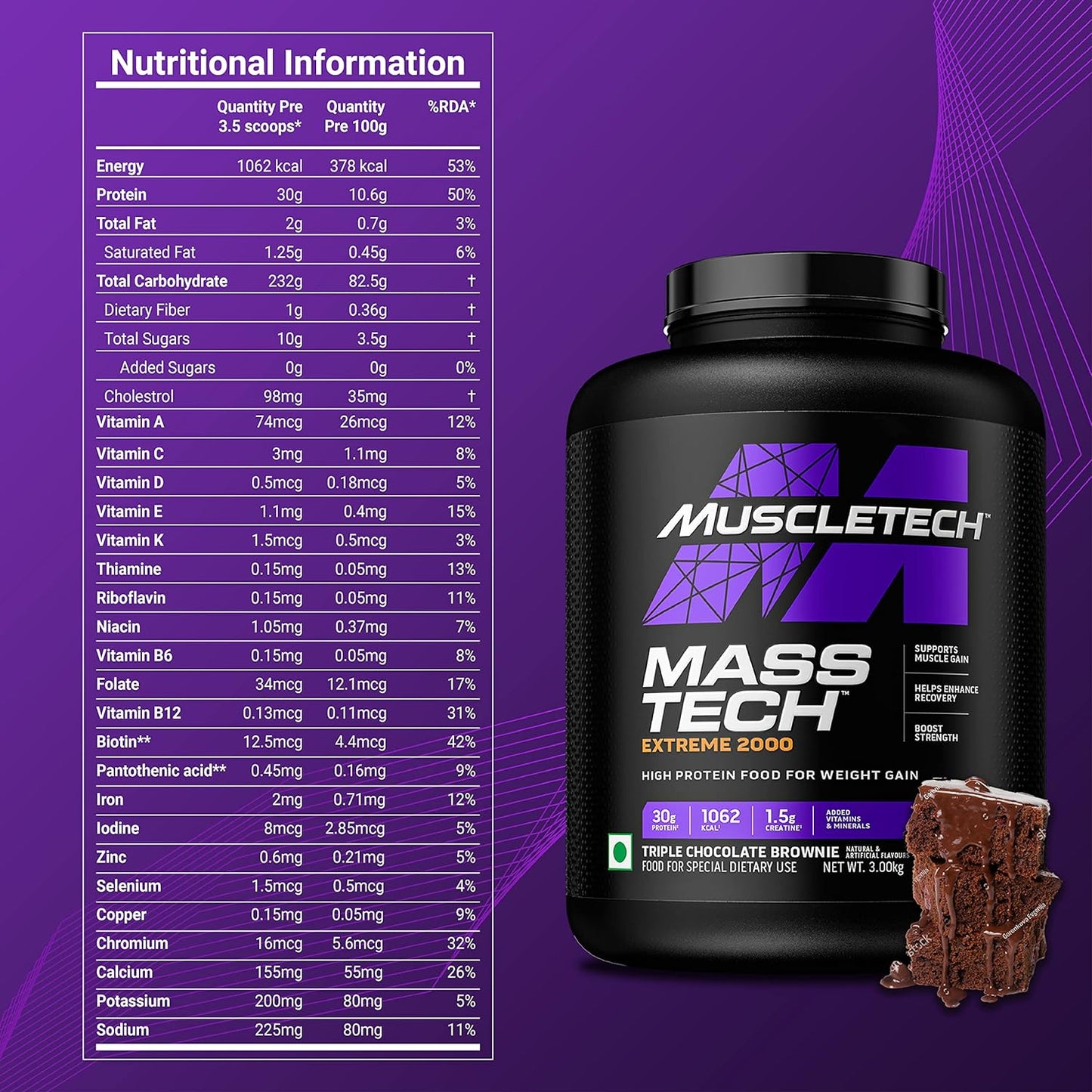 MuscleTech Veg Mass Gainer-Triple Chocolate Browmnie 3Kg - MassTech Extreme 2000 High Protein Food For Weight Gainer (30g Protein, 1062 Kcal,1.5g Creatine & Added Vitamin,Minerals) | Product Expiry - Dec/2026