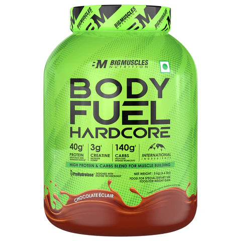 Bigmuscles Nutrition Body Fuel Hardcore Chocolate Eclair 3 Kg| Lean Muscle Mass Gainer | Complex Carbohydrates, | 724 Calories | Boosts Metabolism | Product Expiry - Sep 2026