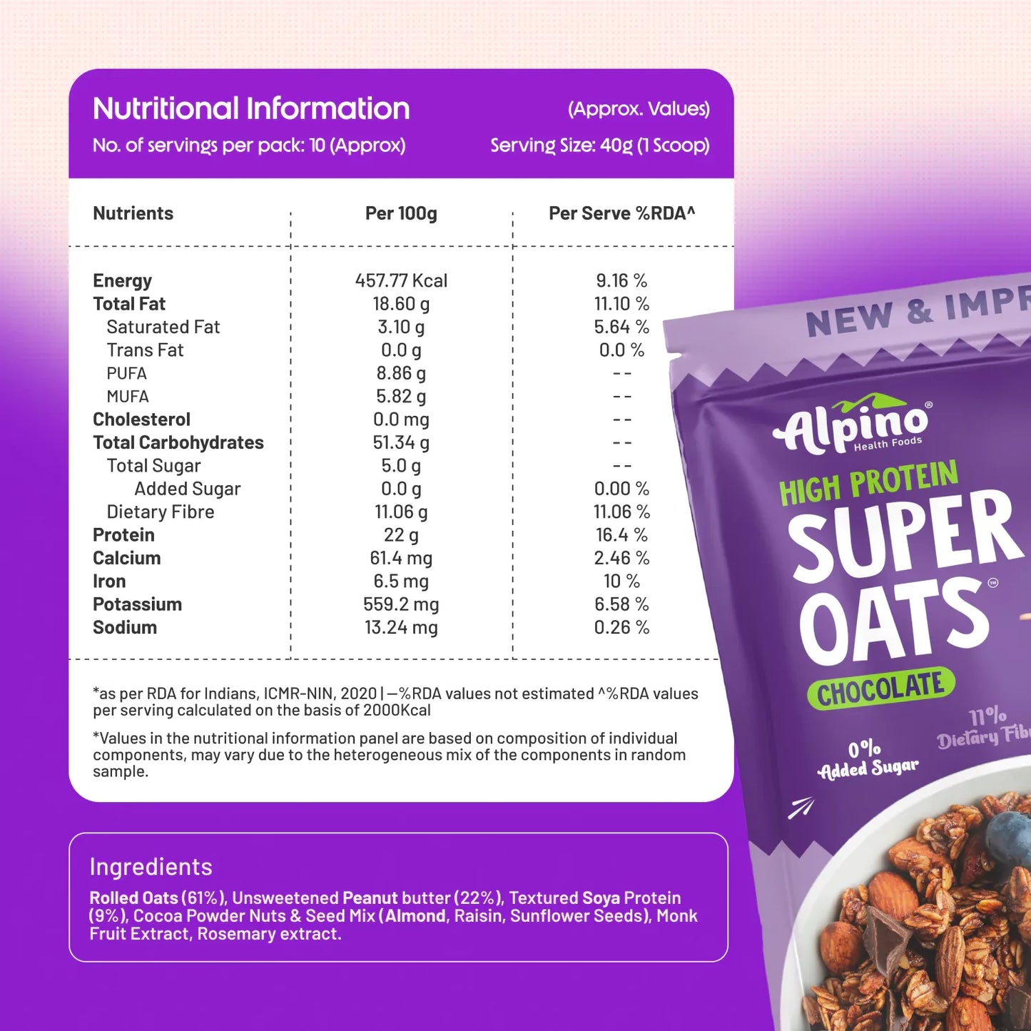 Alpino High Protein Super Rolled Oats Chocolate 1 Kg | 22g of Protein | Gluten Free | Free Delivery