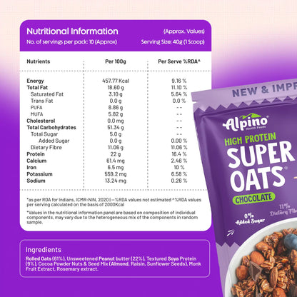 Alpino High Protein Super Rolled Oats Chocolate 1 Kg | 22g of Protein | Gluten Free | Free Delivery