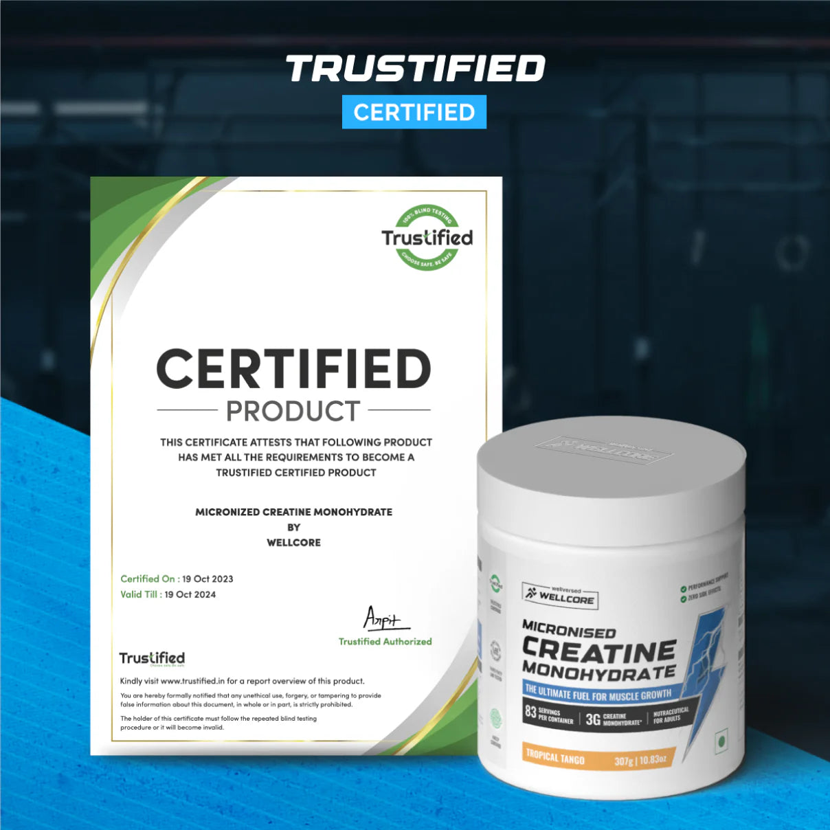 Wellcore - Pure Micronised Creatine Monohydrate (307g, 83 Servings) | Lab Tested | Tropical Tango | Product Expiry - 17/01/2026 | India Free Delivery