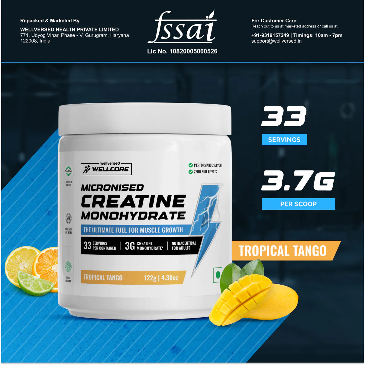 Wellcore - Pure Micronised Creatine Monohydrate (122g, 33 Servings) | Lab Tested | Tropical Tango | Product Expiry - 17/02/2026