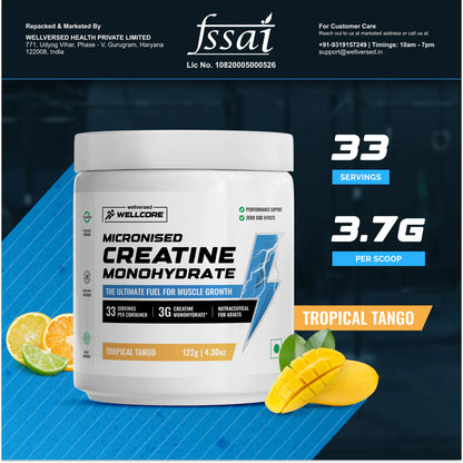 Wellcore - Pure Micronised Creatine Monohydrate (122g, 33 Servings) | Lab Tested | Tropical Tango | Product Expiry - 17/02/2026