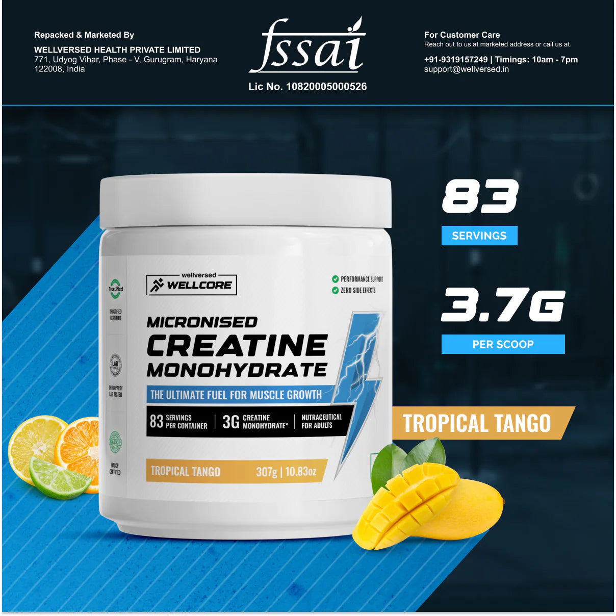Wellcore - Pure Micronised Creatine Monohydrate (307g, 83 Servings) | Lab Tested | Tropical Tango | Product Expiry - 17/01/2026 | India Free Delivery