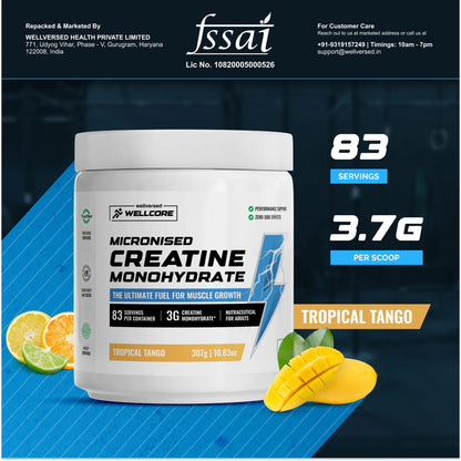 Wellcore - Pure Micronised Creatine Monohydrate (307g, 83 Servings) | Lab Tested | Tropical Tango | Product Expiry - 17/01/2026 | India Free Delivery