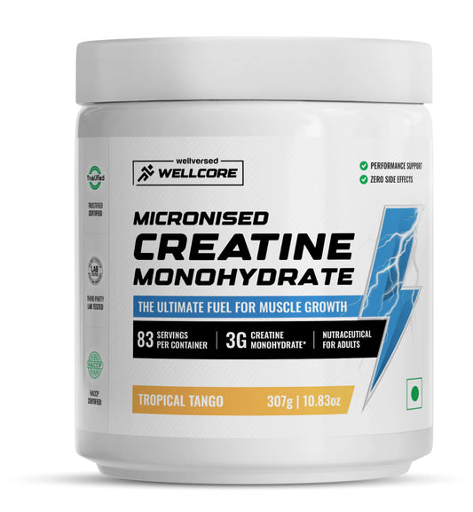 Wellcore - Pure Micronised Creatine Monohydrate (307g, 83 Servings) | Lab Tested | Tropical Tango | Product Expiry - 17/01/2026 | India Free Delivery