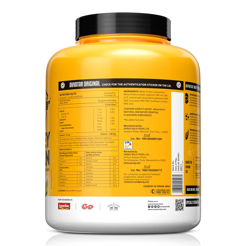 AVVATAR WHEY PROTEIN | 2 Kg | Malai Kulfi Flavour | 28g Protein | 29 Servings | Isolate & Concentrate Blend | Product Expiry - 18/02/2026