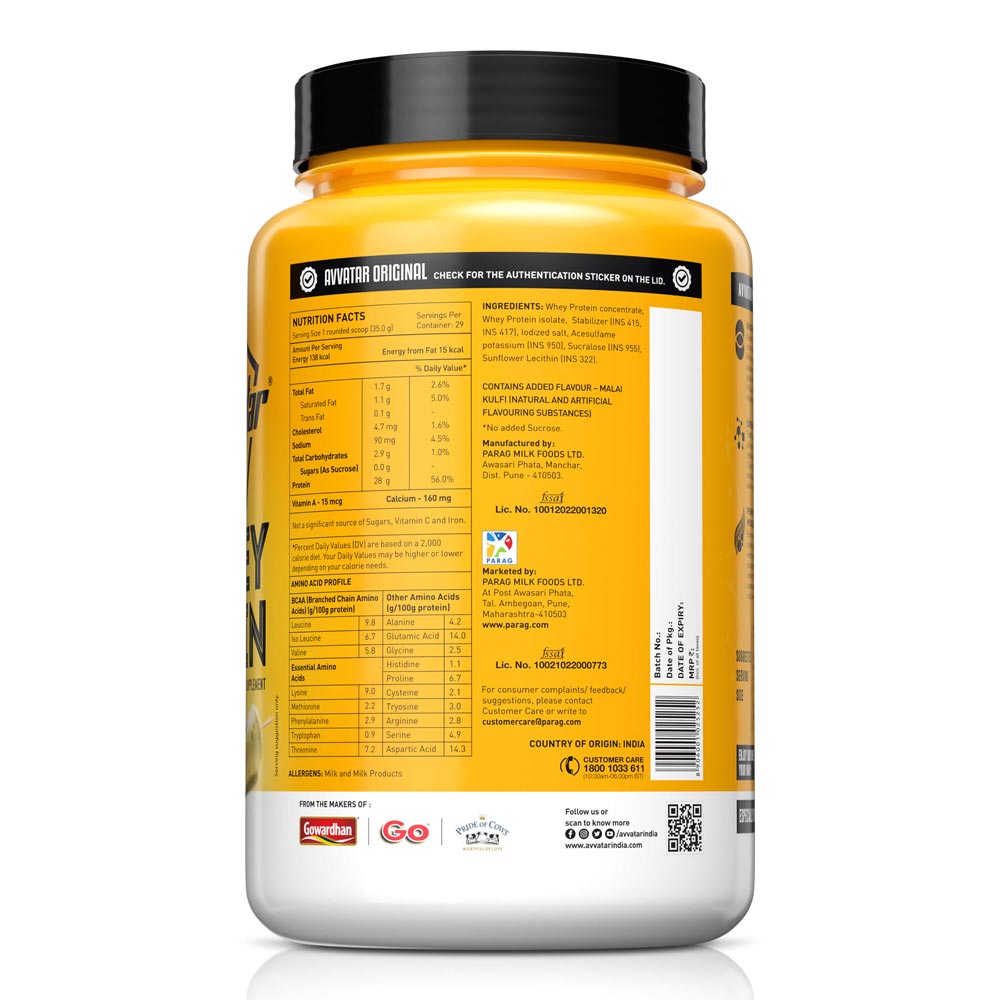 AVVATAR WHEY PROTEIN | 1 Kg | Malai Kulfi Flavour | 28g Protein | 29 Servings | Isolate & Concentrate Blend | Product Expiry - 20/02/26