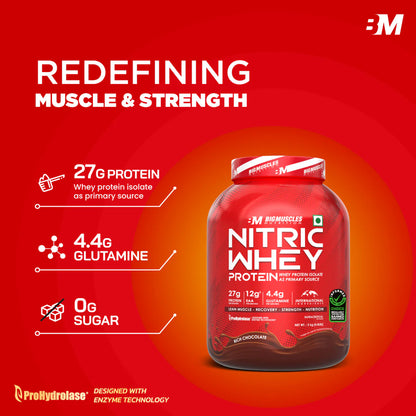 Bigmuscles Nutrition Nitric Whey Rich Chocolate 2Kg | 27g Isolate Whey Protein | ProHydrolase Enzyme Tech. for Faster Absorption & Lean Muscle Growth | Free Delivery | Product Expiry - 31/06/26