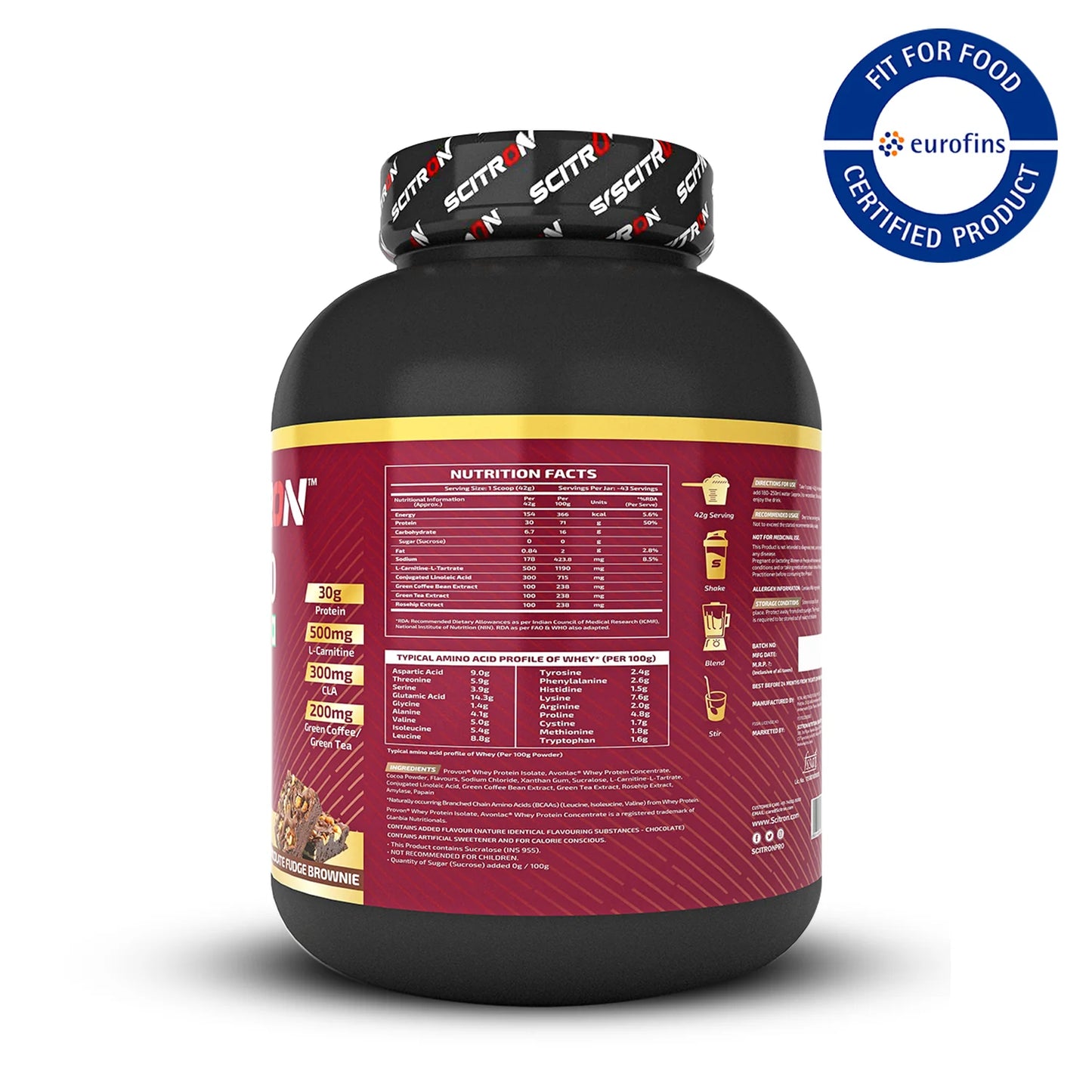 Scitron Ripped Whey Protein Powder 1.81 Kg- Chocolate Fudge Brownie| (30g Protein, 500mg L-Carnitine, 300mg CLA) | Weight Loss | Free Delivery | Product Expiry - 15/05/26