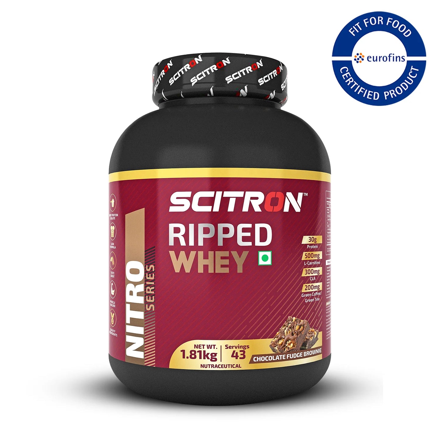 Scitron Ripped Whey Protein Powder 1.81 Kg- Chocolate Fudge Brownie| (30g Protein, 500mg L-Carnitine, 300mg CLA) | Weight Loss | Free Delivery | Product Expiry - 15/05/26