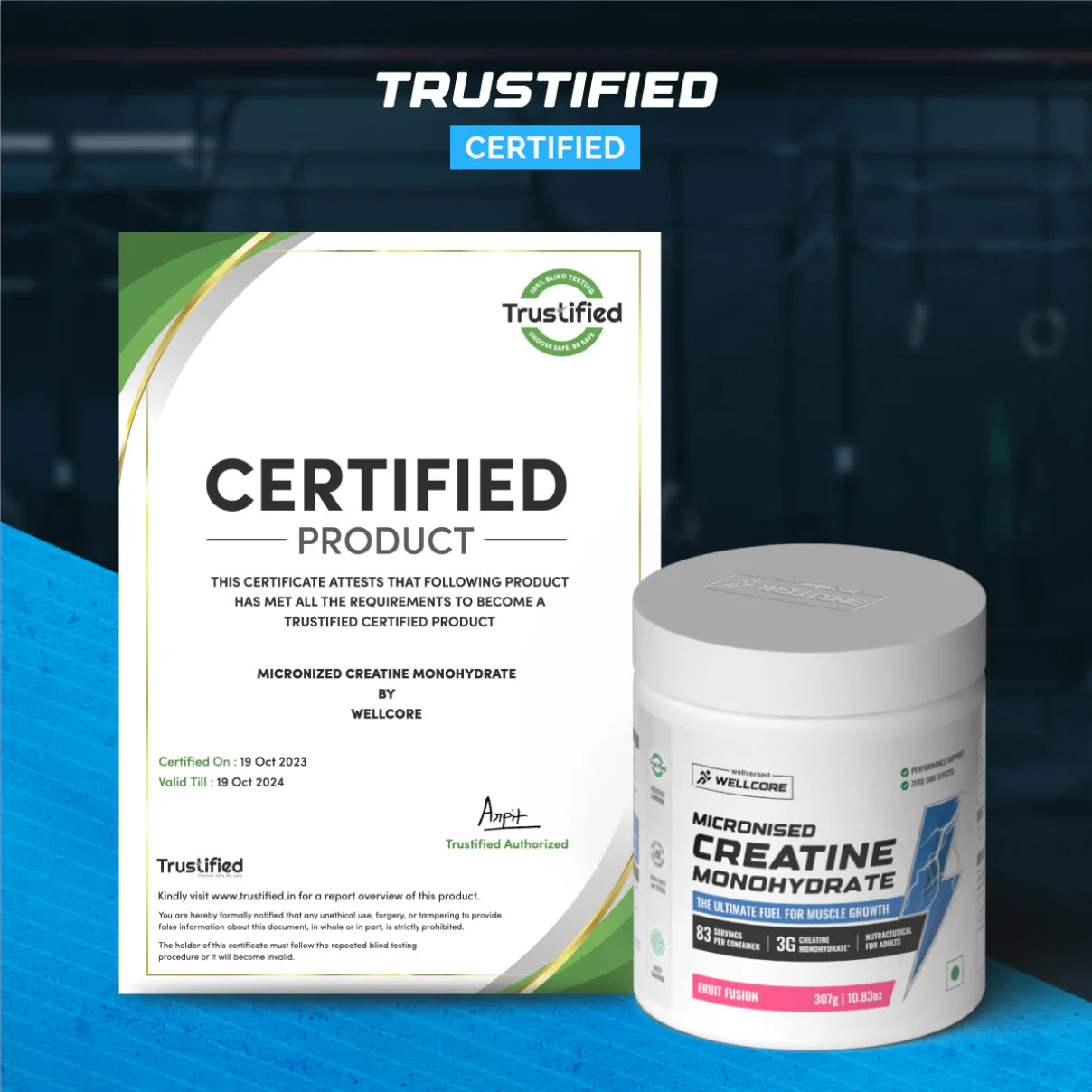 Wellcore - Pure Micronised Creatine Monohydrate (307g, 83 Servings) | Lab Tested | Fruit Fusion | Product Expiry - 17/01/2026 | India Free Delivery