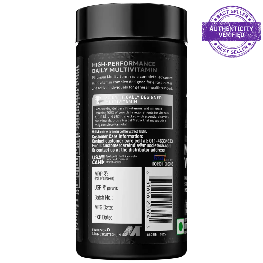 MuscleTech Platinum Multivitamin, Vitamin C & Zinc for Immune Support, 18 Vitamins & Minerals, 60 Tablets | Product Expiry - 28 Feb 2027