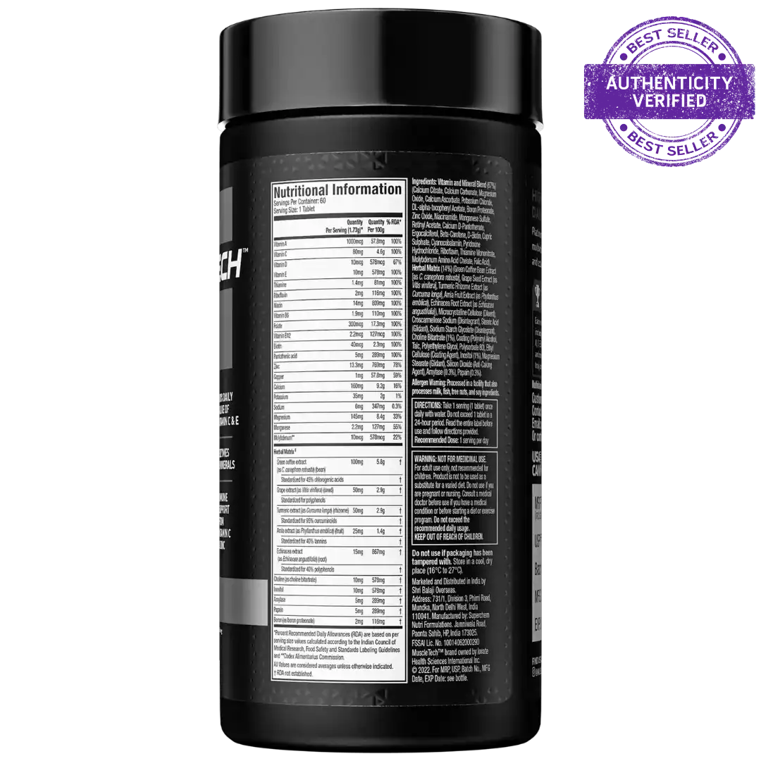 MuscleTech Platinum Multivitamin, Vitamin C & Zinc for Immune Support, 18 Vitamins & Minerals, 60 Tablets | Product Expiry - 28 Feb 2027