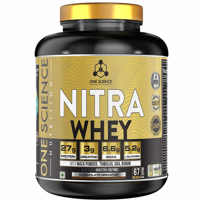 One Science Nutrition (OSN) Nitra Whey - DAA, Tribulus Terrestis, Maca powder and Boron & Creatine Monohydrate | 27g Protein, 3g Creatine, 5.2g Glutamine, 6.6g BCAA - 5lbs - Chocolate Brownie | Product Expiry - 06/2027