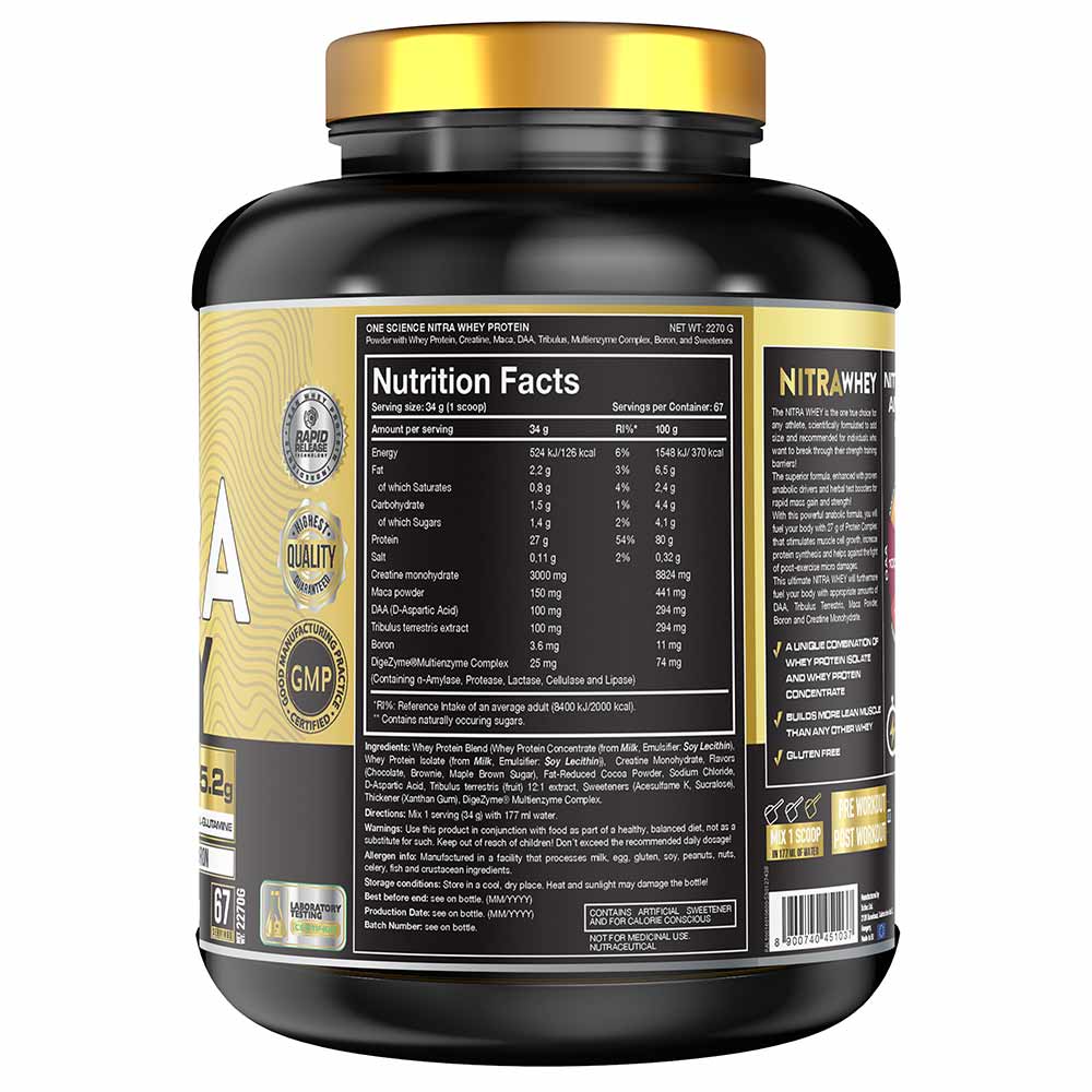 One Science Nutrition (OSN) Nitra Whey - DAA, Tribulus Terrestis, Maca powder and Boron & Creatine Monohydrate | 27g Protein, 3g Creatine, 5.2g Glutamine, 6.6g BCAA - 5lbs - Chocolate Brownie | Product Expiry - 06/2027