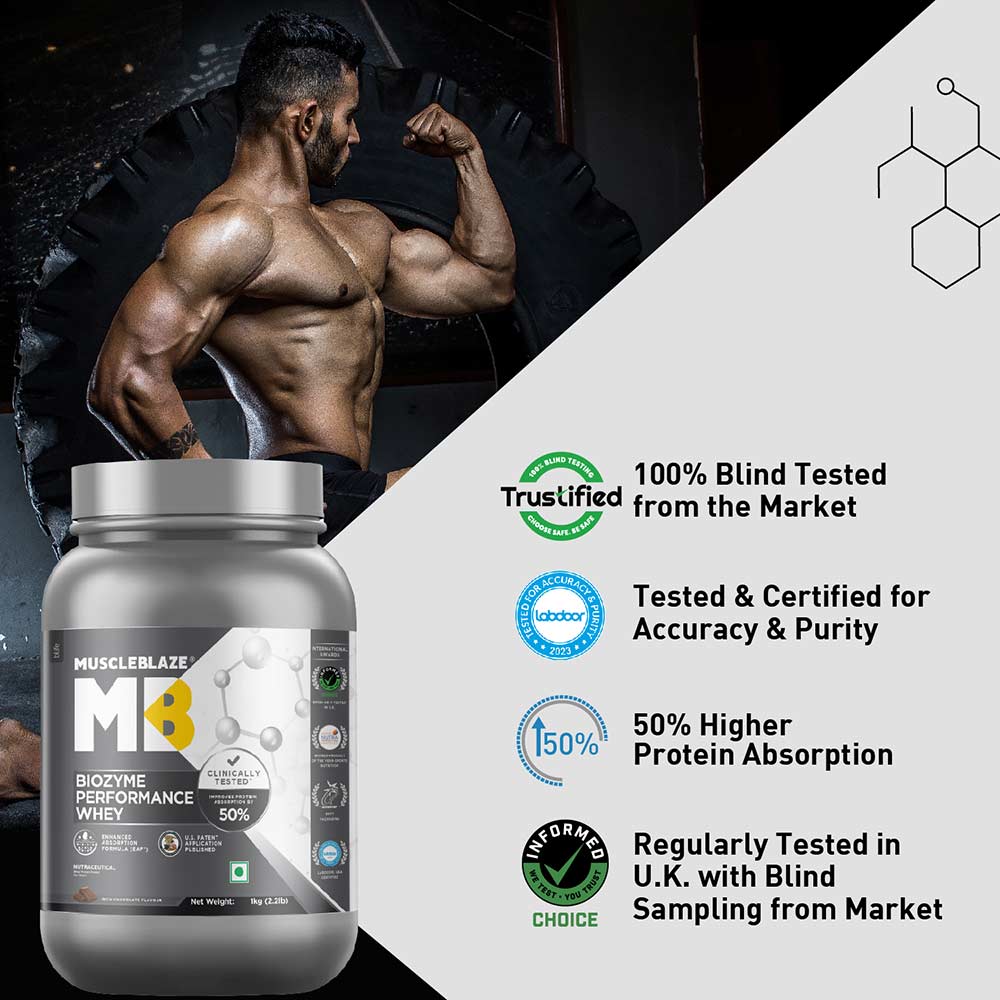 MuscleBlaze Biozyme Performance Whey, 1 kg (2.2 lb), Rich Chocolate| Free Delivery | Product Expiry - 27 Mar 2026