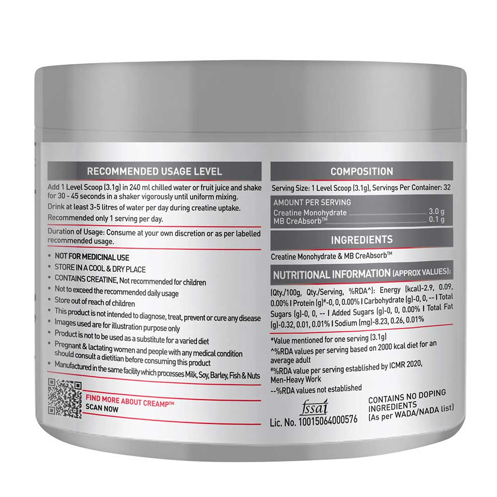 MuscleBlaze Creatine Monohydrate CreAMP, 100 g (0.22 lb) | Unflavoured | Product Expiry - 12 Mar 26