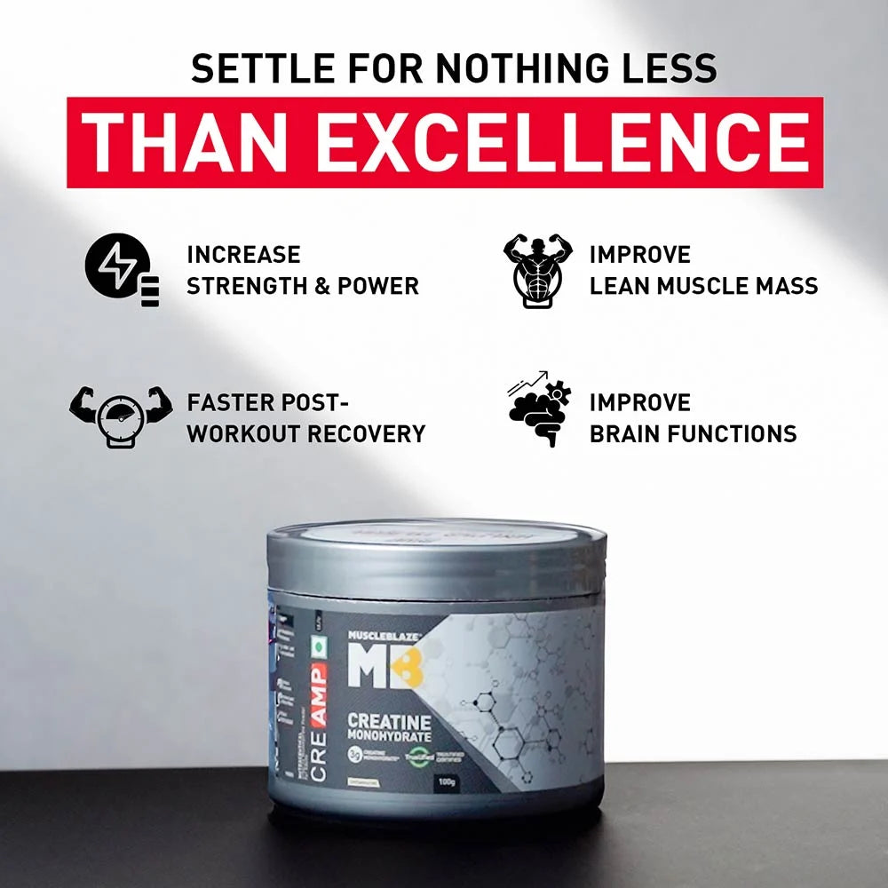 MuscleBlaze Creatine Monohydrate CreAMP, 100 g (0.22 lb) | Unflavoured | Product Expiry - 12 Mar 26