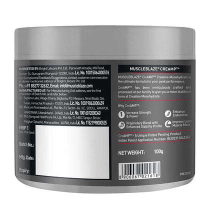 MuscleBlaze Creatine Monohydrate CreAMP, 100 g (0.22 lb) | Unflavoured | Product Expiry - 12 Mar 26